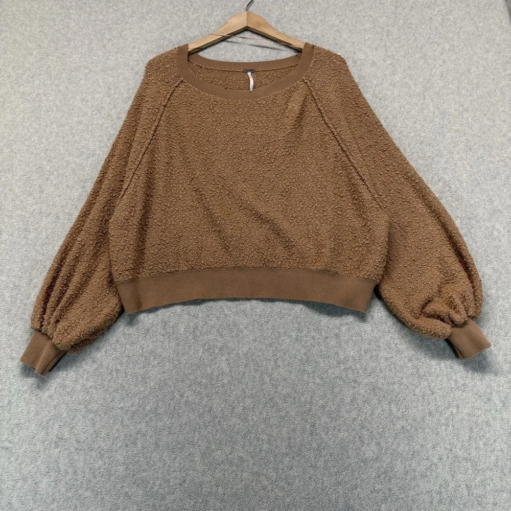Free People Womens Popcorn Knit Cropped Sweatshirt Camel Balloon Sleeve XS